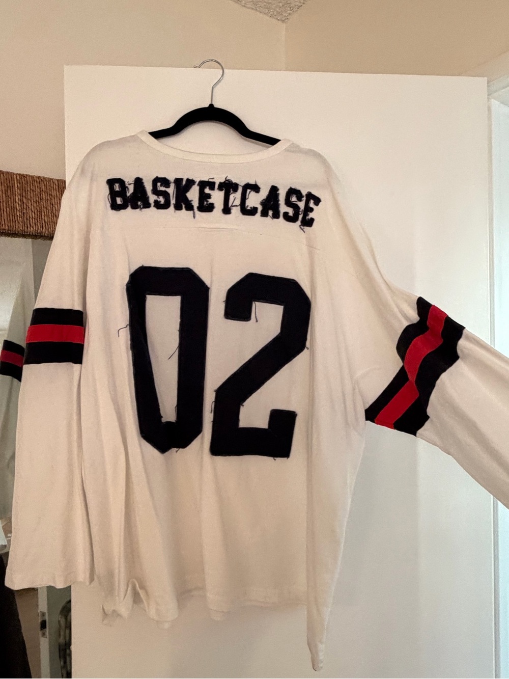 '02 White Oversized Jersey Top with Black & Red Stripes